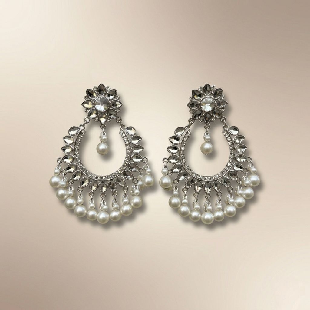 Silver Pearl Chandbali Earrings