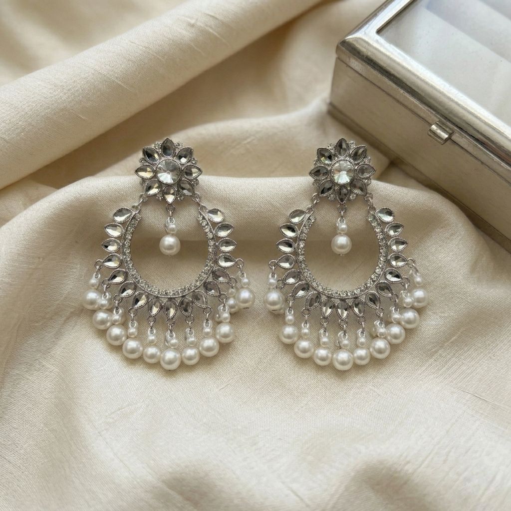 Silver Pearl Chandbali Earrings