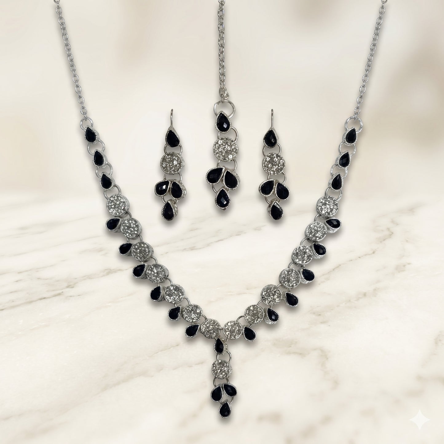 Modern Onyx & Silver Pendant Set