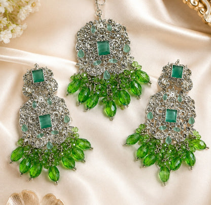 Emerald Green Kundan Tikka Set