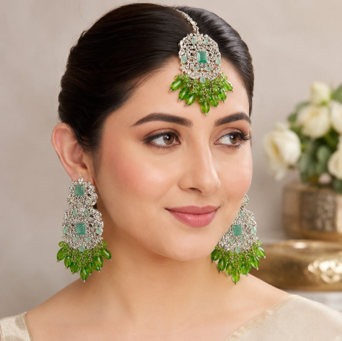 Emerald Green Kundan Tikka Set