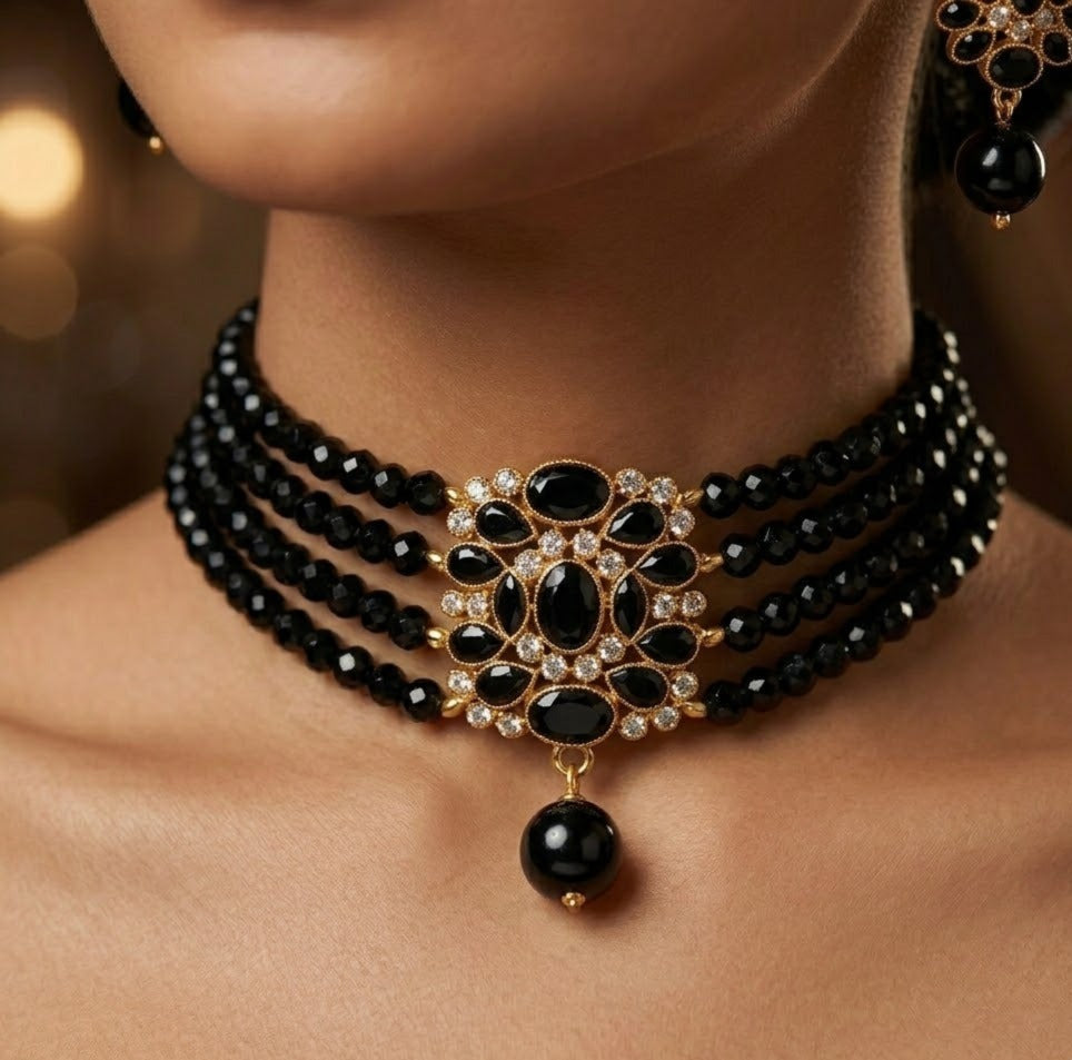 Midnight Elegance Beaded Choker Set